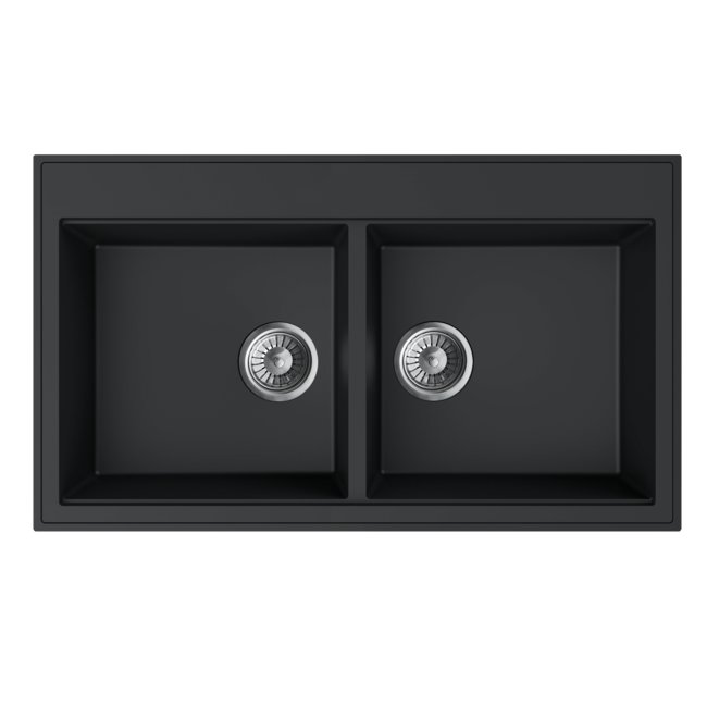 Granite sink 2 bowls without drainer + siphon with pop-up - finishing Black